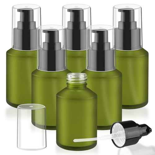 6 Pcs Empty Glass Pump Bottles Refillable Cream Lotion Bottles Travel Sample Bottles Cosmetic Dispenser Bottles Containers For Lotion Cream Emulsion Essence (Green, 60ml/2oz)