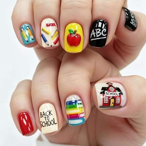Back to School Press On Nails - 24 Pcs Cute School Design
