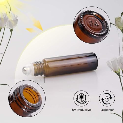 Amber Glass Roller Bottles for Essential Oils - 4 Pack, 10ml, UV Protection, Sungwoo