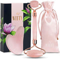 WITTY Rose Quartz Roller for Face, Gua Sha Stone Set in Hand-Drawn Giftbox - Jade Face Roller, Massager Roller, Face Scraper Tool - Guasha Tool for Face Roller Skin Care, Eyes, Neck - Extra Pouch