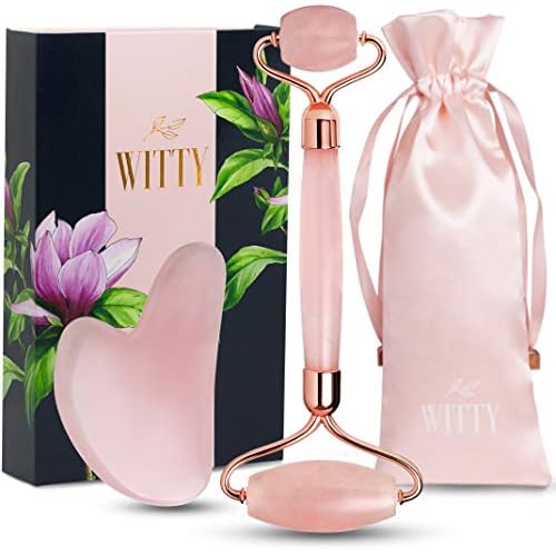 WITTY Rose Quartz Roller for Face, Gua Sha Stone Set in Hand-Drawn Giftbox - Jade Face Roller, Massager Roller, Face Scraper Tool - Guasha Tool for Face Roller Skin Care, Eyes, Neck - Extra Pouch