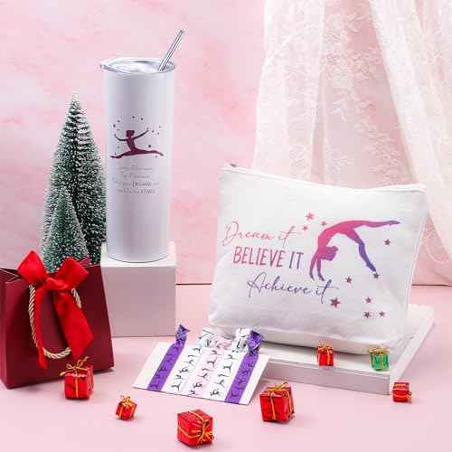 Junkin 3 Pcs Christmas Gymnastics Gifts for Women Include Stainless Steel Tumbler with Straw Makeup Bag Elastics Hair Ties for Gymnastics Lover(Purple)