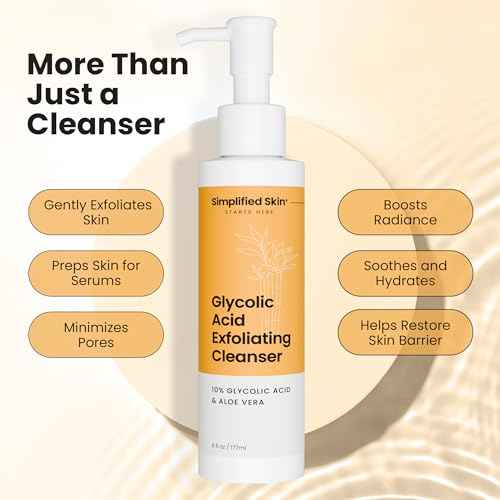 Simplified Skin Glycolic Acid Face Wash for Exfoliating & Anti-Aging - 10% AHA Cleanser to Remove Build Up & Even Tone on Face, Armpits & Body ? With Aloe Vera & Sunflower Oil, 6 Fl Oz