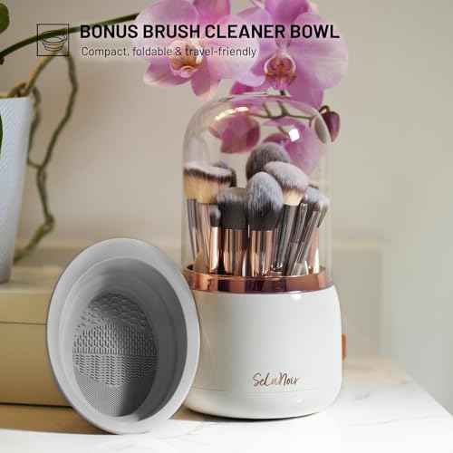 Rotating Makeup Brush Holder with Lid ? Dustproof Vanity Organizer for Makeup Brushes, Bonus Foldable Makeup Brush Cleaner Bowl Included, Elegant White Storage Solution