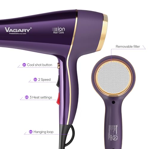 VAGARY Purple 2200W Hair Dryer with Diffuser & Concentrator, 2 Speeds 3 Heat, Cool Shot