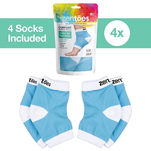 ZenToes Moisturizing Heel Socks Blue 2 Pairs - Cotton Gel-Lined Toeless Night Socks for Dry Cracked Heels