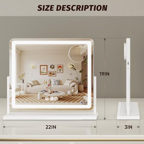 Vanity Mirror with Lights, 24"x20" Hollywood Lighted Makeup Mirror for Tabletop & Bedroom 3 Color Lighting Modes Smart Touch Control 360¡Æ Rotation Detachable