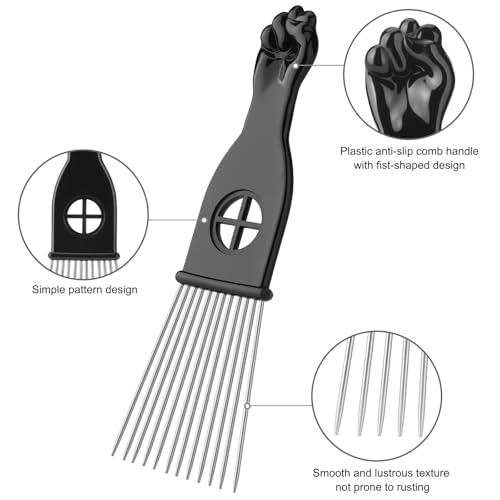 Metal Afro Hair Picks Set - 3 Pack Wide-Tooth & Fist Style for Natural Curly Hair
