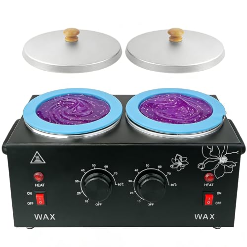 Wax Warmer for Hair Removal, Professional Waxing Heater Pot with Adjustable Temperature for Women Men, with 20 Wooden Wax Sticks (Black-Double Pots)