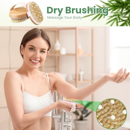Gejoy 10 Pcs Dry Brushing Body Brush for Lymphatic Drainage Exfoliating Brush with Massage Nodule Dry Skin Body Scrubber Cellulite Shower Circulation Dead Exfoliator (4.92 x 2.56 Inches,Wood Color)