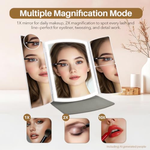WIZCHARK Trifold Makeup Mirror with Lights, 2X/5X Magnification