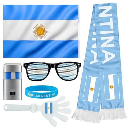 Argentina Fan Gear Set - 6-Piece Soccer Supporter Kit with Flag, Scarf, Face Paint, Glasses, Wristband & Clapper