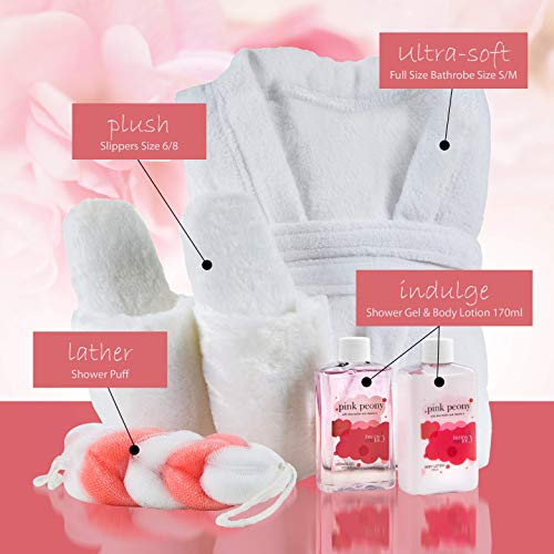 Luxury Home Spa Gift Basket with Pink Peony Scent - Indulgent Ultra Soft Bathrobe & Plush Slipper Spa Box for Women - Complete Bath & Body Set Luxury Body Care ? Mother's Day Gift for Mom