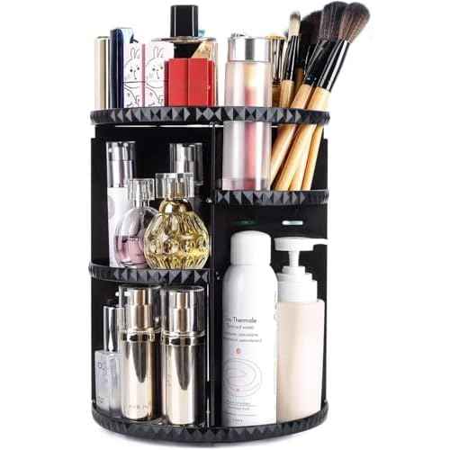 sanipoe Rotating Makeup Organizer,DIY Adjustable Spinning Holder,Foldable Cosmetic Storage Display box,Large Capacity Make up Caddy Shelf,Fits Countertop Vanity and Bathroom (Black)
