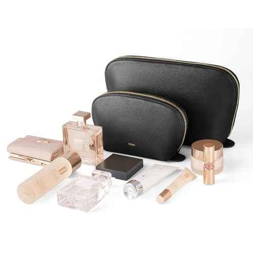 Kattee Leather Makeup Bag, Travel Cosmetic Bag Set, Toiletry Bag Organizer for Women, 2-PACK, Black