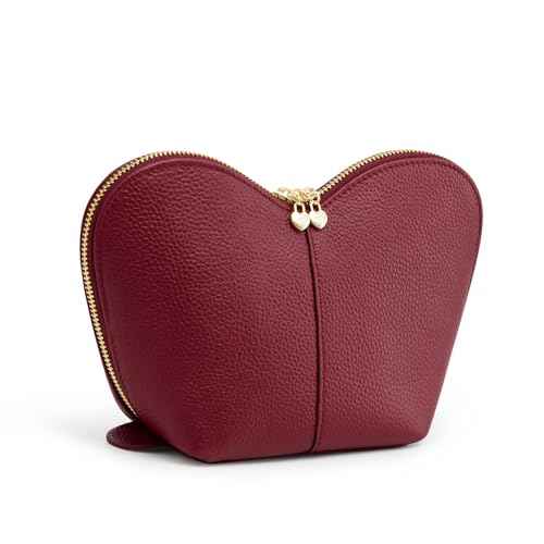 Kattee Leather Makeup Bag, Travel Large capacity Comestic Bag for Women, Heart Shaped Portable Organizer Toiletry Bag for Working,Wine Red