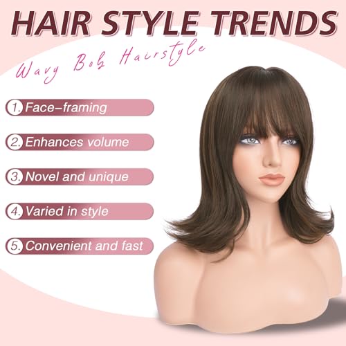 Haloo Brown Bob Wig with Bangs 14 Inch Shoulder Length