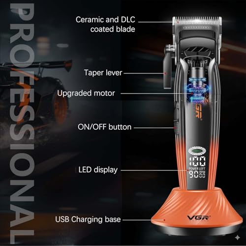 VGR 889C Professional Hair Clippers for Men, 9000RPM Cordless Barber Clippers with Ceramic & MIM Blades, 6 Magnetic Guide Combs, LED Display, USB Charging Base, Mens Grooming Kits for Barber