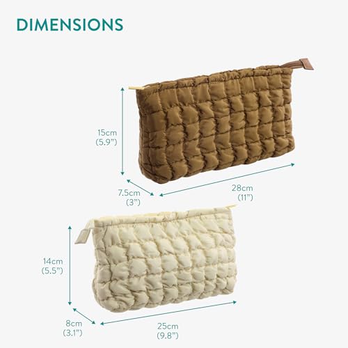 Navaris Large Puffy Makeup Bag, Set of 2 - Coquette Quilted Pouch Design - Preppy Clean Girl Aesthetic - Lightweight Cosmetic Bags - Make up, Skincare & Toiletries - Brown & Beige