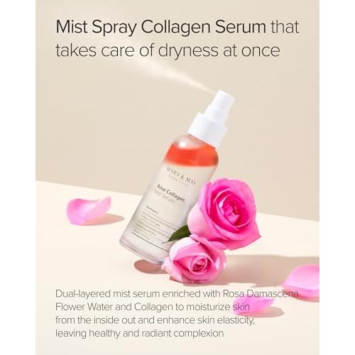 Mary&May Rose Collagen Mist Serum - Double Layer Essence Face Spray - Instant Hydration, Radiance, Anti-Aging and Glowing Skin with Damask Rose Water and Plant-Based Oils, 3.38 fl.oz.