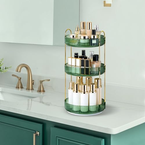 Dark Green 3-Tier Rotating Makeup Organizer for Vanity & Bathroom