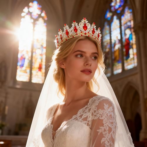 Queen Rhinestone Crown for Women - Gold & Red Bridal Tiara