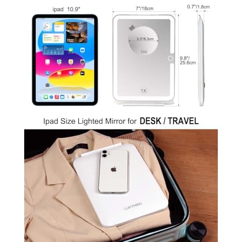 7x9.5 Inches Lighted Travel Mirror with 10X Magnifying Round Mirror, Rechargeable Battery, USB-C Charging, 78 LEDs, Tabletop Mount