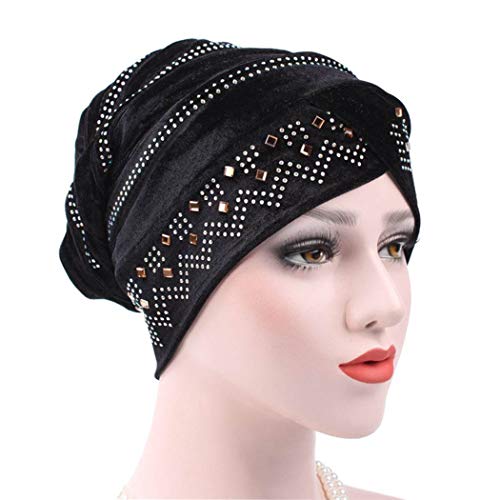 Bohend Vintage Rhinestone Turban Sleep Headwrap Wide Sparkly Sleep Turban Headband Crystal Muslim Hat Headwear Beanie Pre-Tied Bonnet Velvet Hat Cap Hair Wrap for Women and Girls (Black)