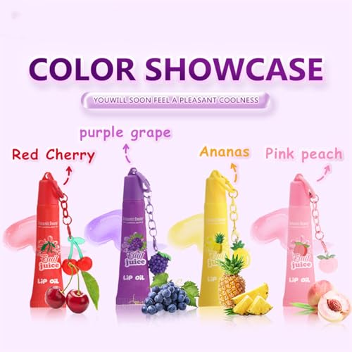 4PCS Fruit-Flavored Hydrating Lip Gloss Set,Moisturizing and Nourishing Keychain Lip Balm,Keychain Clear Glossy Lip Oil Kit,High-Shine Finish Makeup