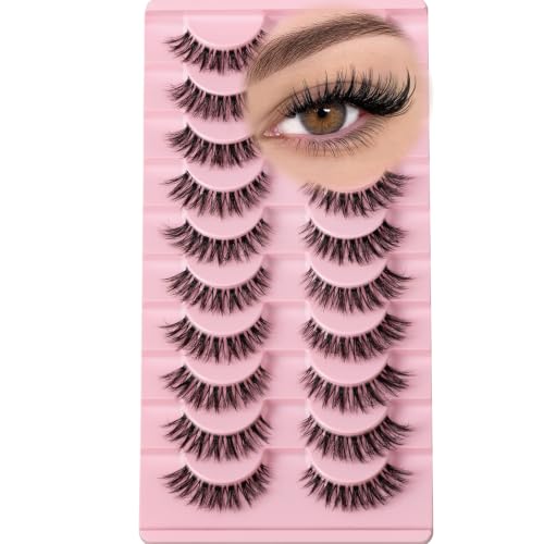 QUNETY Cat Eye False Eyelashes 10 Pairs Wispy Mink-Look Lashes, Clear Band