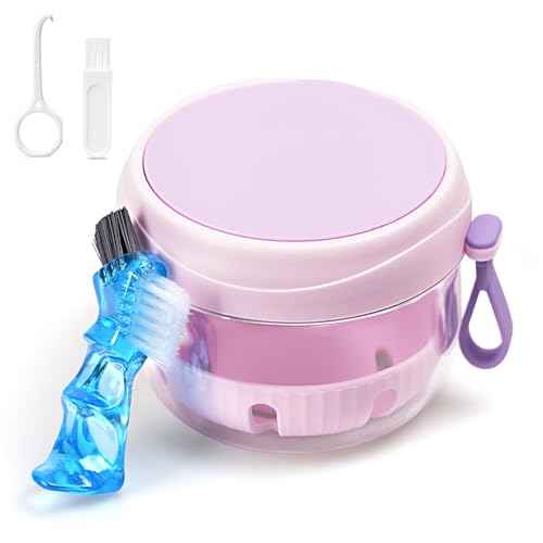 Denture Case with Strainer and Mirror, Leak Proof Denture Bath Cup for Travel, Purple Denture Container Cups for Soaking Full & Partial Dentures, Retainers with Denture Brush, Aligner Removal Tool