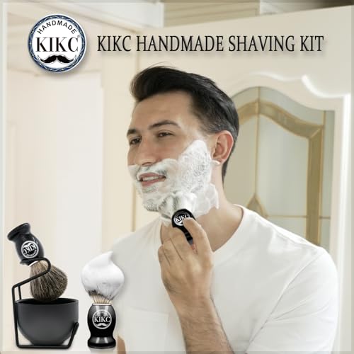 5 in 1 Shaving Kit for Wet Shave, Set Includes Hand Crafted Pure Badger Shave Brush, Stainless Steel Lathering Soap Bowl, Shave Brush Stand, Shaving Cream, Best Gift for Bearded Man, Deluxe Black