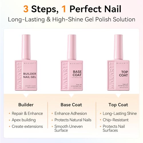 Makartt Builder Nail Gel Kit with Clear Top Coat & Base Coat 3 pcs 15ml each