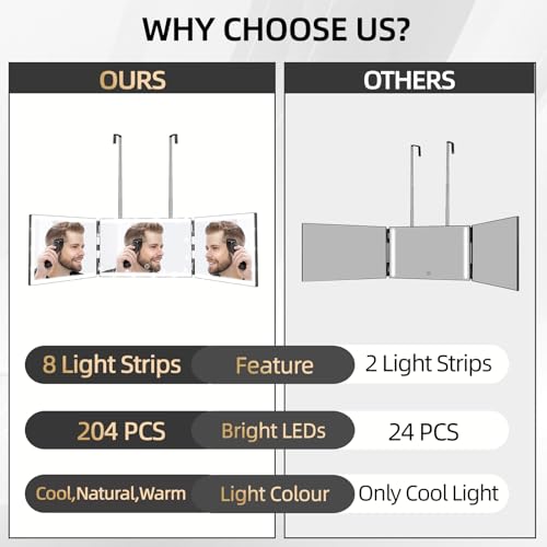XIGETRAIL 3-Way Mirror with 8 LED Lights | Rechargeable Barber Mirror