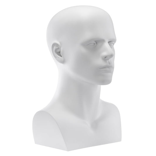 Male Mannequin Head Stand Model with Neck Shoulder for Wigs Halloween Mask VR Headset Glasses Helmet Collectibles Storage (Lifesize, Matte White)