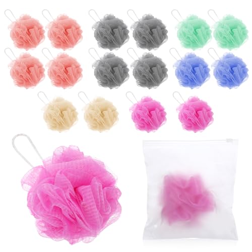 16Pcs Travel Size Loofah Mini Shower Loofah Bulk Multicolor Mesh Bath Pouf Individually Wrapped Bath Sponge Pack for Shower Care