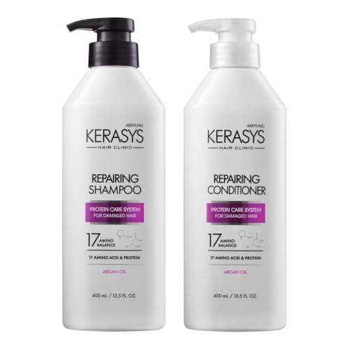 Kerasys Hair Clinic Protein Care Shampoo & Conditioner Set for Damaged Hair, Argan Oil, 13.5 fl oz / 400 ml