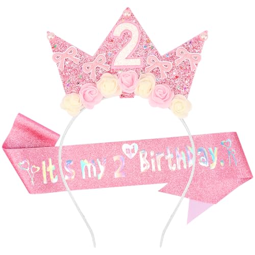 2nd Birthday Sash & Tiara Headband Set for Girls Pink