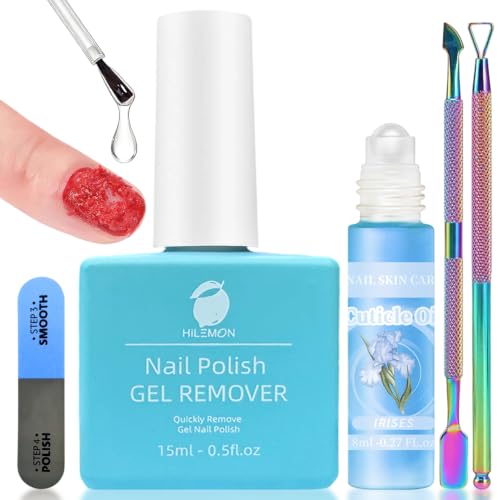 HiLemon Gel Nail Polish Remover Kit with Cuticle Oil & 4-Way File - 15ml