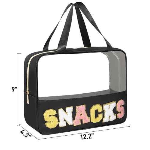 Chenille Letter Snacks Bag Zipper Pouch TPU&Nylon Clear Cosmetic Bag with Handle Toiletry Bags Travel Makeup Bag Multi-purpose Clear Pouches For Women (SNACKS, Black)