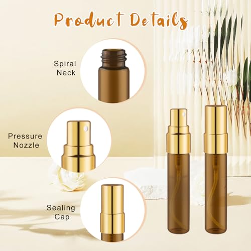 30 Pcs Golden Vials Mini Spray Bottle Amber Glass Fine Mist Perfume Empty Sample Containers with Lids for Travel Cleaning Essential Oils - 5ml/0.17oz