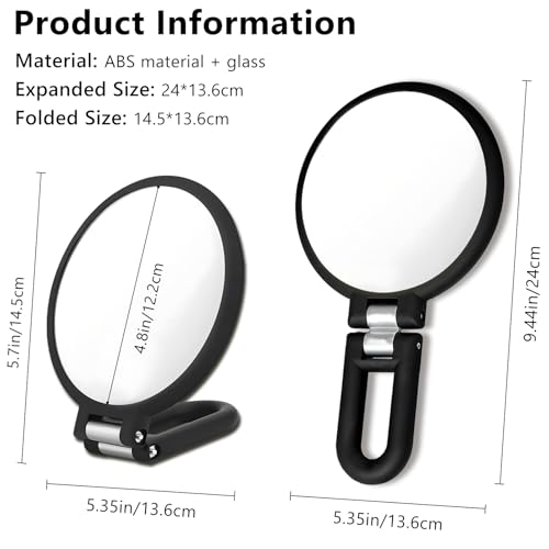 Black Double-Sided Magnifying Handheld Mirror 1X & 15X Travel Folding Design