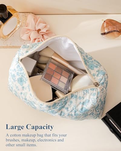 Quilted Floral Makeup Bag Large Cotton Travel Cosmetic Organizer