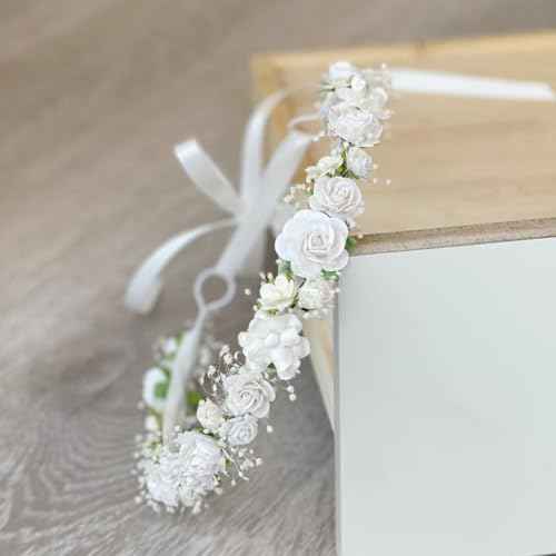White Flower Girl Crown with Baby's Breath Headpiece Young Girl Communion Floral Hair Wreath Rustic Wedding Hair Accessories Headband for Child(43cm length)
