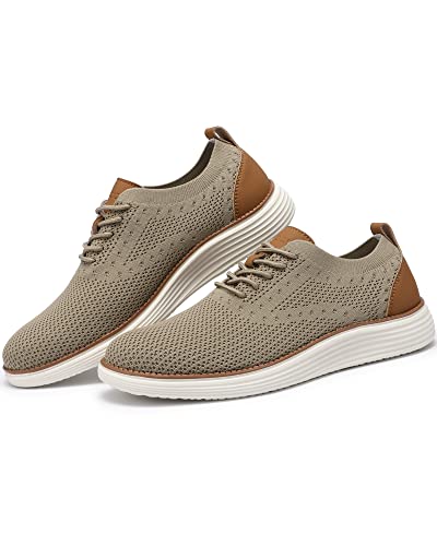 VILOCY Men's Casual Dress Sneakers Oxfords Business Shoes Lace Up Lightweight Comfortable Breathable Walking Knit Mesh Fashion Sneakers Tennis Khaki,EU40