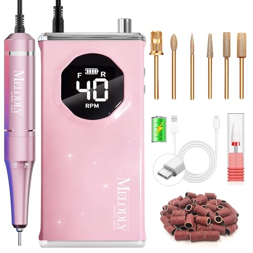 Electric Nail Drill File Professional 40000 RPM, Melodly Rechargeable Electric Nail File Machine Kit for Acrylic Gel Nails Polishing Removing, Portable Cordless Efile with Gold Bits Kit at Salon Home