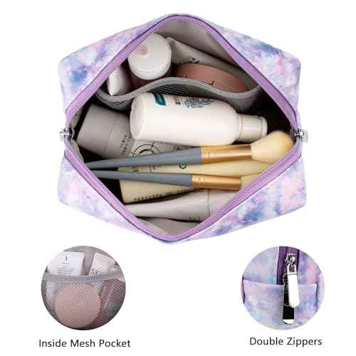 Makeup Bag For Girls, Travel Cosmetic Bag For Teens Girls Kids Cute Small Makeup Bag for Purse Waterproof Zipper Pouch, Tie Dye Purple