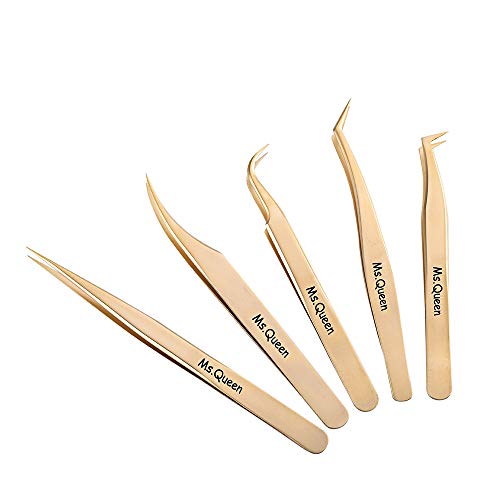 Ms.Queen Eyelash Extension Tweezers-Precision Tweezers for 2D-6D Volume&Individual False Lashes Extensions-Golden-5pcs Tweezers Set