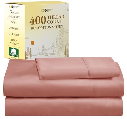 California Design Den Twin Bed Sheets 400 Thread Count 100% Cotton Deep Pocket Sheets for Twin Size Bed - Soft, Breathable & Cooling Twin Sheet Set, 3-Pc Deep Pocket Bed Sheets - Coral Pink