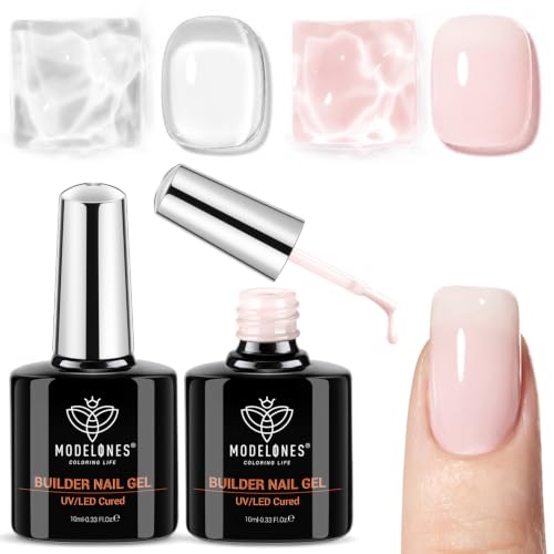 modelones Builder Nail Gel 2 Pcs Clear & Nude Cover Base Coat B-Clear Nude-2